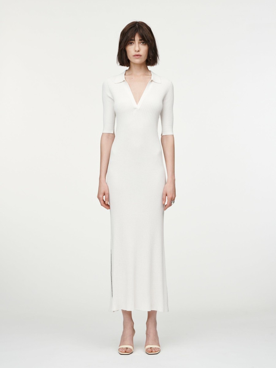 Dresses Maria Mcmanus | Collar V-Neck Dress In Ivory With A Black Link Line