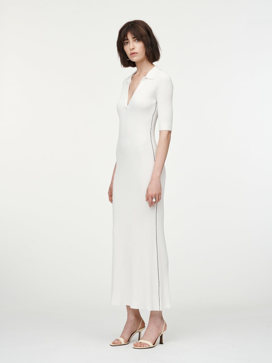 Dresses Maria Mcmanus | Collar V-Neck Dress In Ivory With A Black Link Line