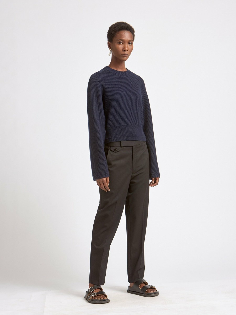 Tops Maria Mcmanus | Recycled Cashmere X Organic Cotton Crop Bell Sleeve Crew In Midnight Navy