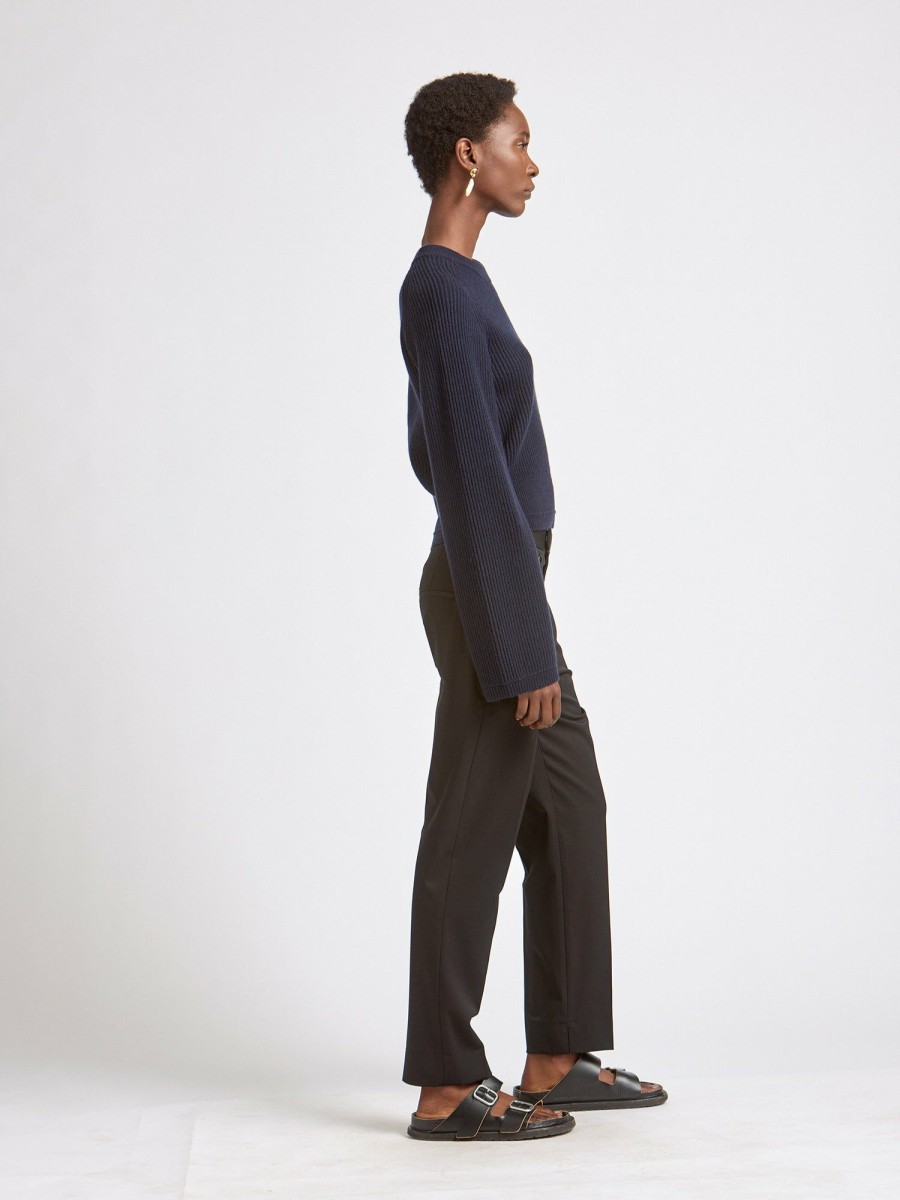 Tops Maria Mcmanus | Recycled Cashmere X Organic Cotton Crop Bell Sleeve Crew In Midnight Navy