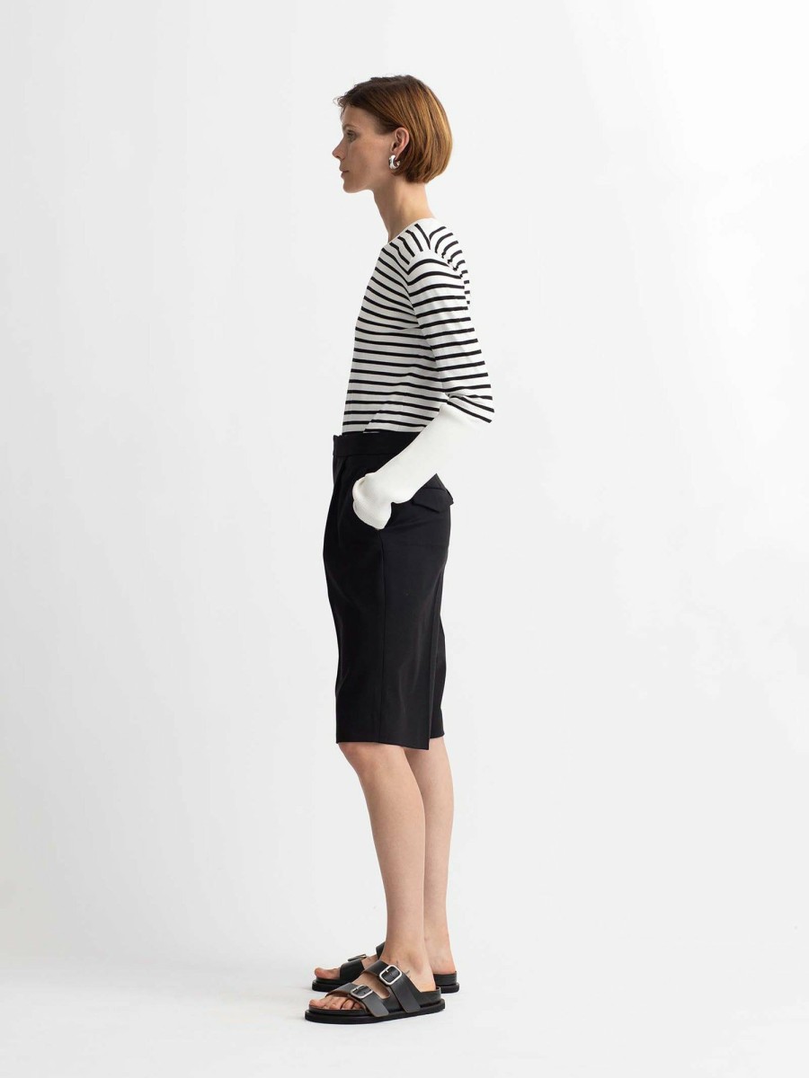 Tops Maria Mcmanus | Responsible Compact Viscose Stretch Cropped Rib Crew In White X Black Stripe W/ Black Linking