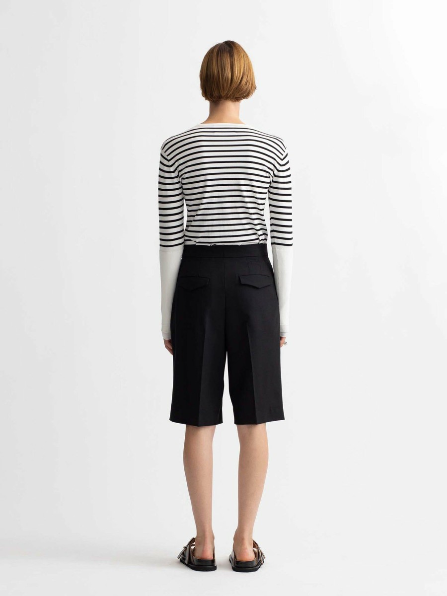 Tops Maria Mcmanus | Responsible Compact Viscose Stretch Cropped Rib Crew In White X Black Stripe W/ Black Linking