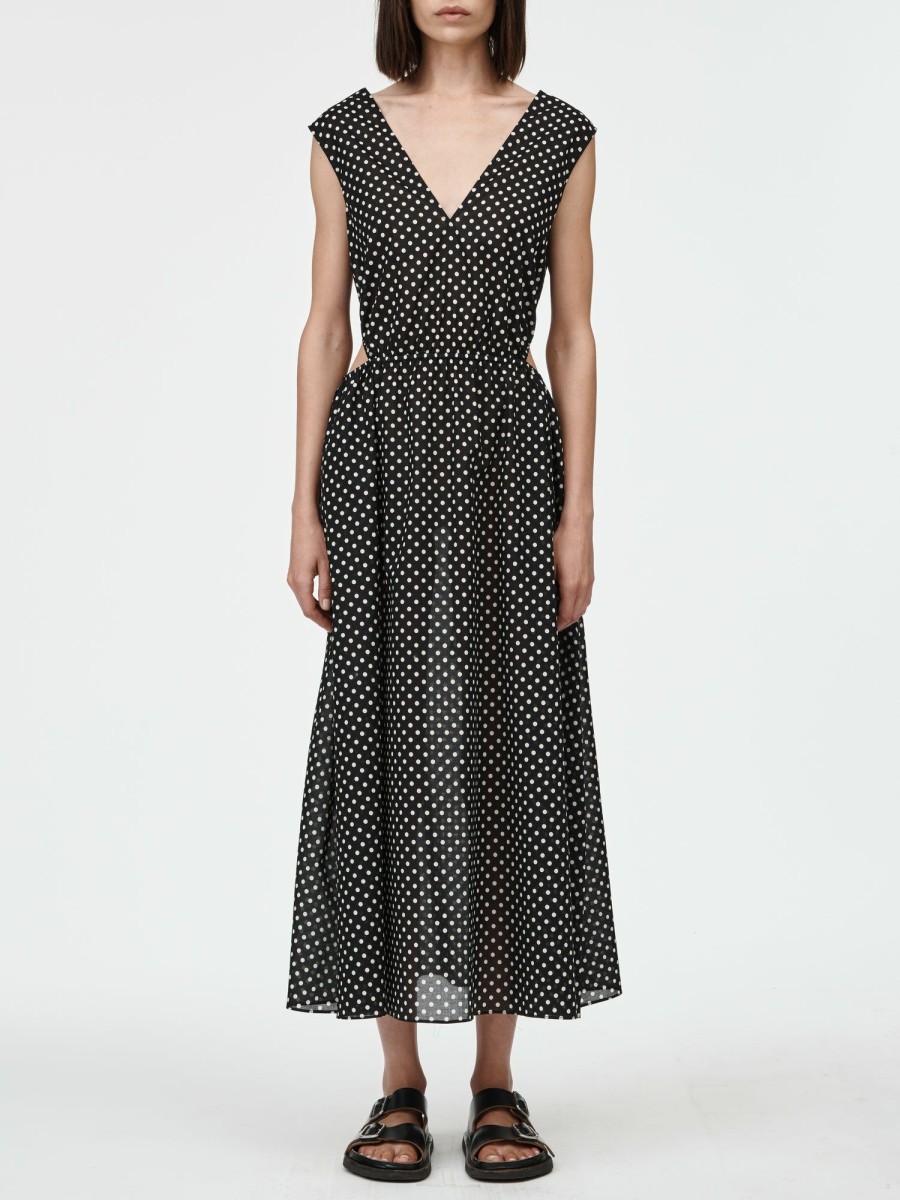 Dresses Maria Mcmanus | Drawstring Cut Out Dress In Black & Ivory Polkadot