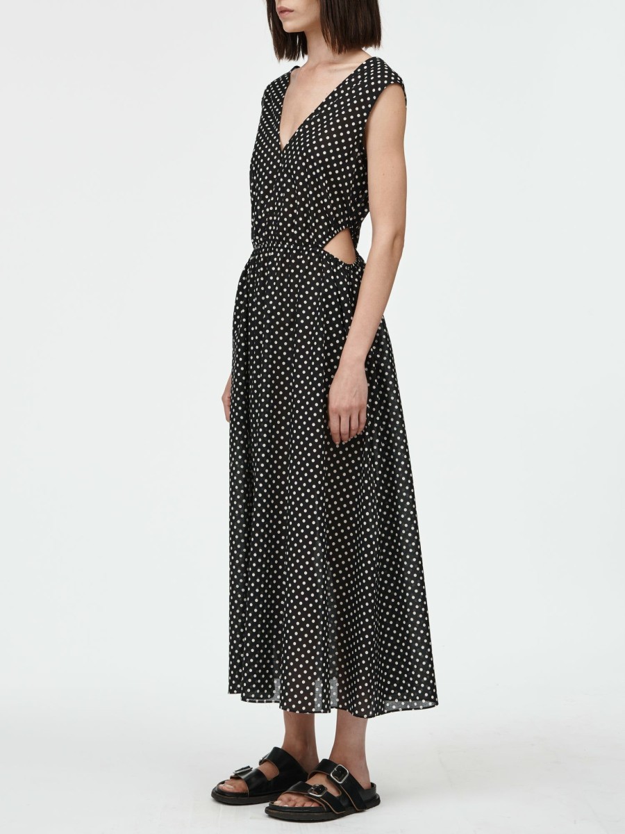 Dresses Maria Mcmanus | Drawstring Cut Out Dress In Black & Ivory Polkadot