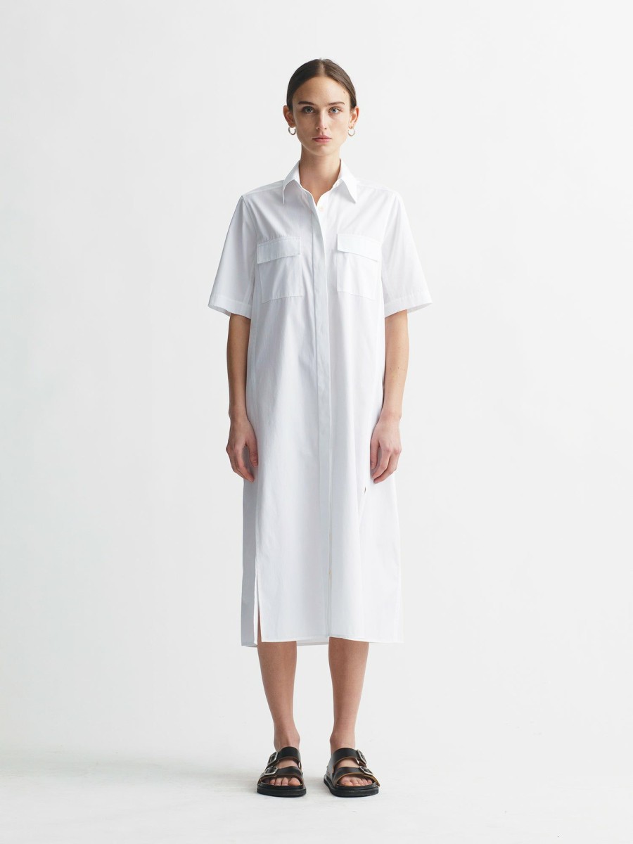 Dresses Maria Mcmanus | Short Sleeve Pocket Shirt Dress In White Poplin