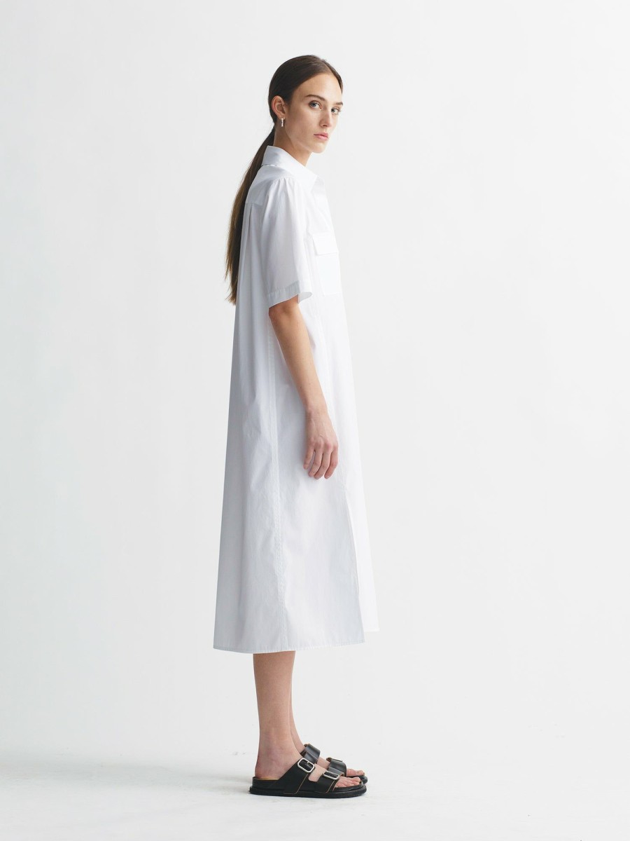 Dresses Maria Mcmanus | Short Sleeve Pocket Shirt Dress In White Poplin