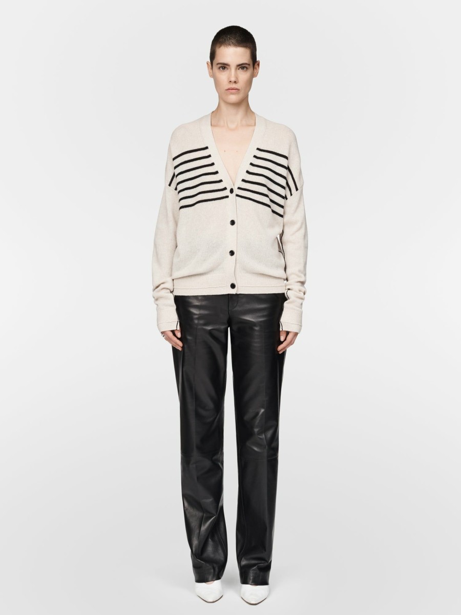 Sweaters Maria Mcmanus | Boyfriend Cardigan In Crema W/ Black Stripe