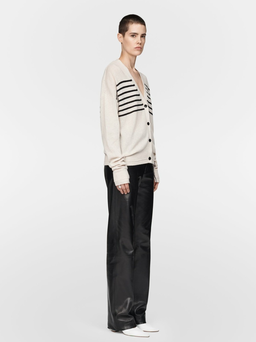 Sweaters Maria Mcmanus | Boyfriend Cardigan In Crema W/ Black Stripe