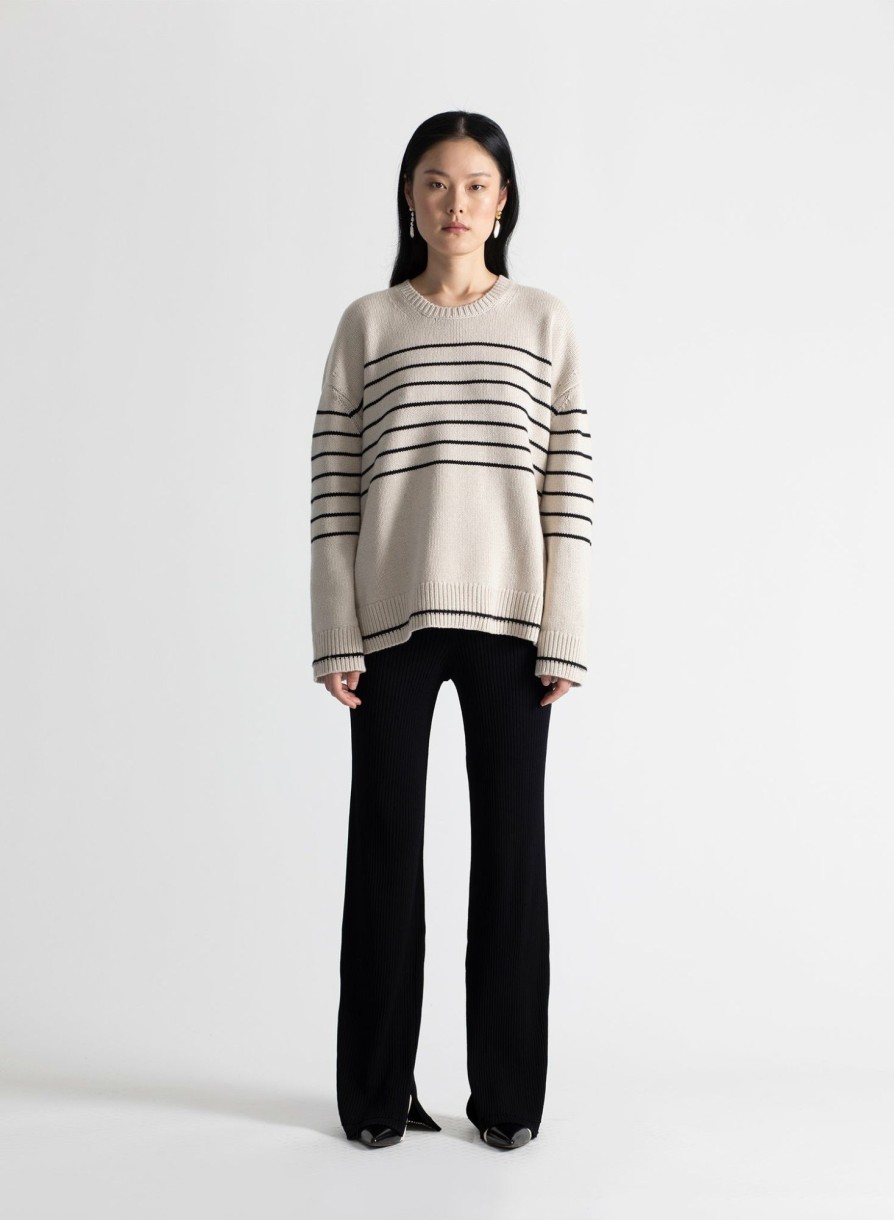 Sweaters Maria Mcmanus | Heavy Gauge Oversized Crew In Crema W/ Black Stripe