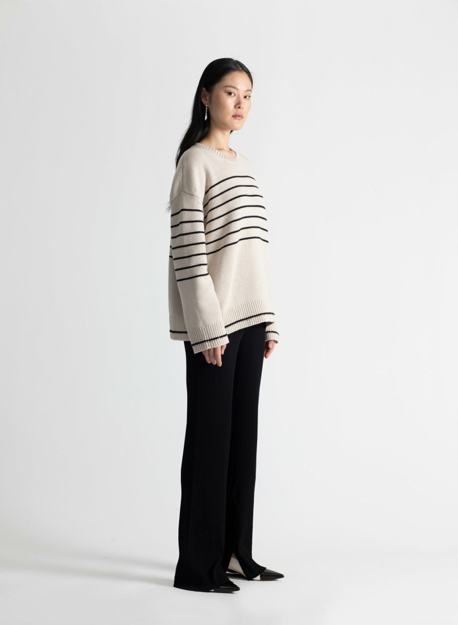 Sweaters Maria Mcmanus | Heavy Gauge Oversized Crew In Crema W/ Black Stripe