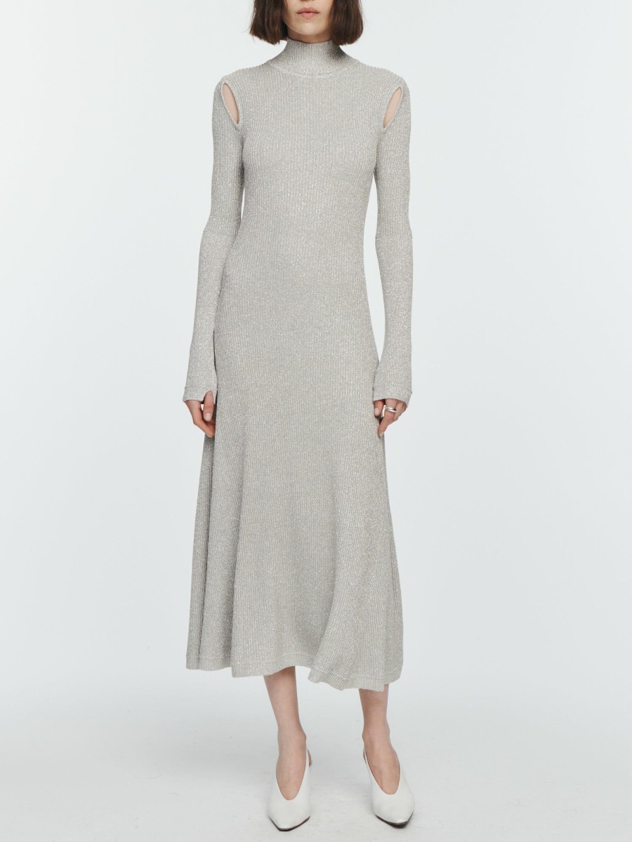 Dresses Maria Mcmanus | Ribbed Turtleneck Midi Dress In Silver