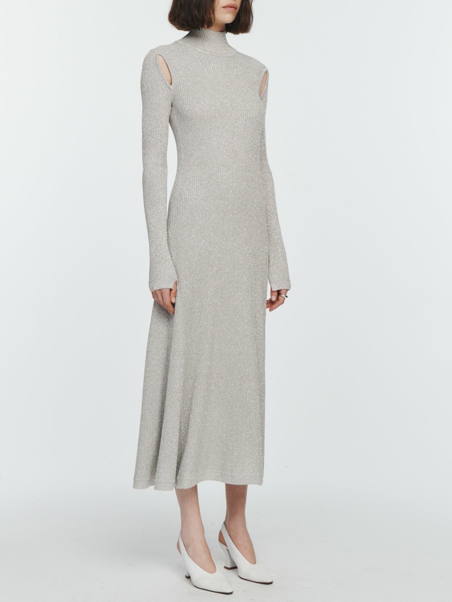 Dresses Maria Mcmanus | Ribbed Turtleneck Midi Dress In Silver