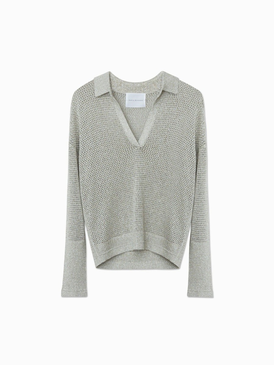 Sweaters Maria Mcmanus | Long Sleeve Mesh Polo In Silver