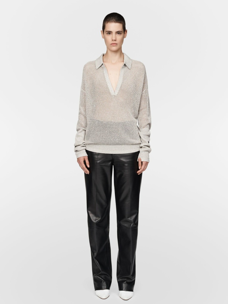 Sweaters Maria Mcmanus | Long Sleeve Mesh Polo In Silver