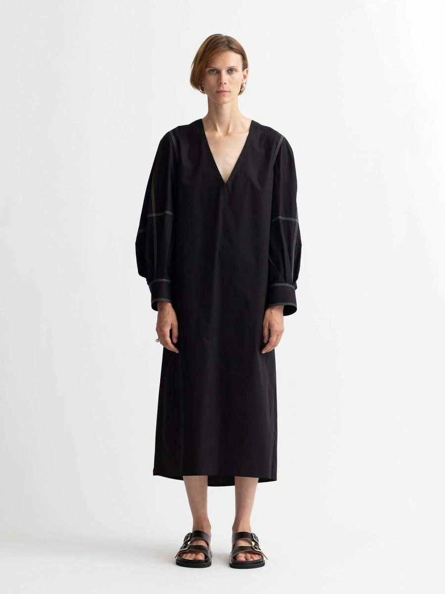 Dresses Maria Mcmanus | Organic Cotton Engineered Sleeve Dress In Black W/Contrast Stitching