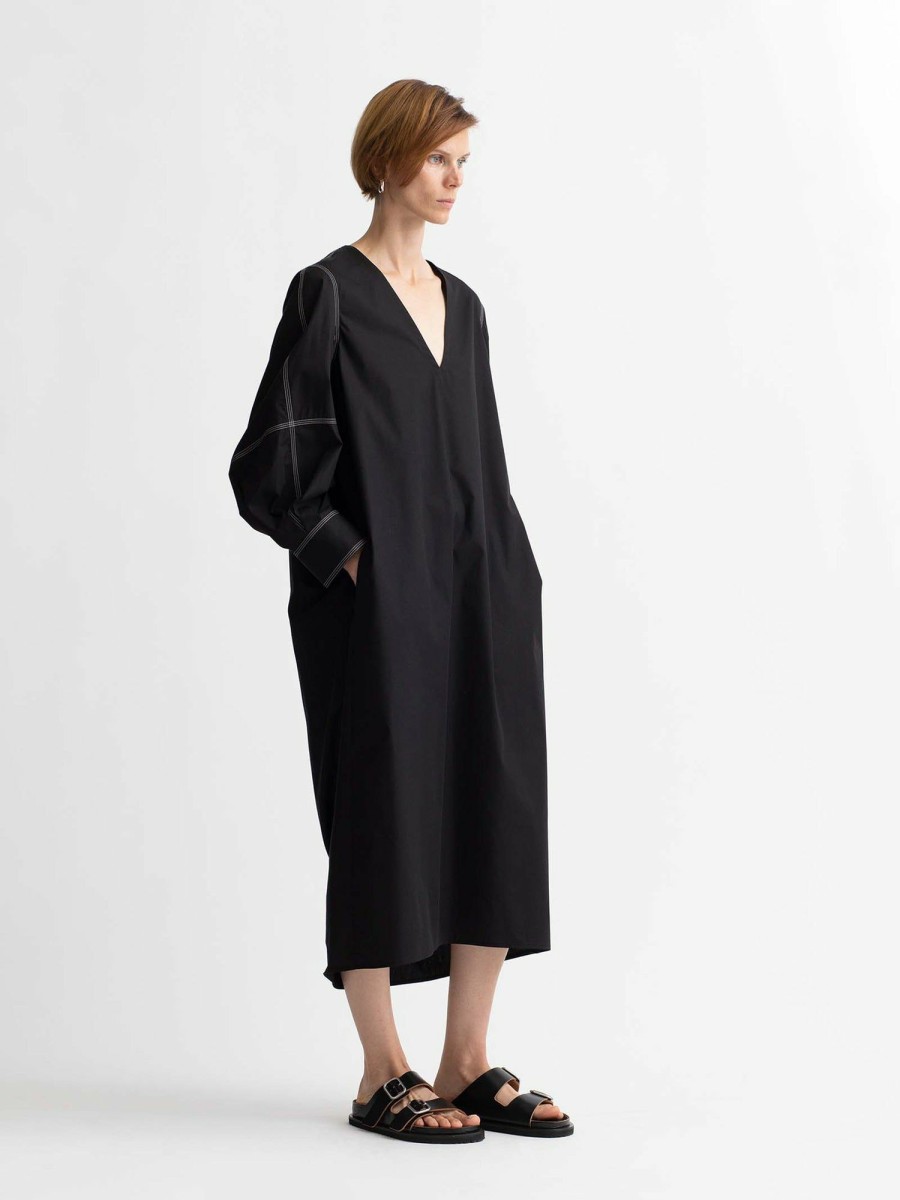 Dresses Maria Mcmanus | Organic Cotton Engineered Sleeve Dress In Black W/Contrast Stitching