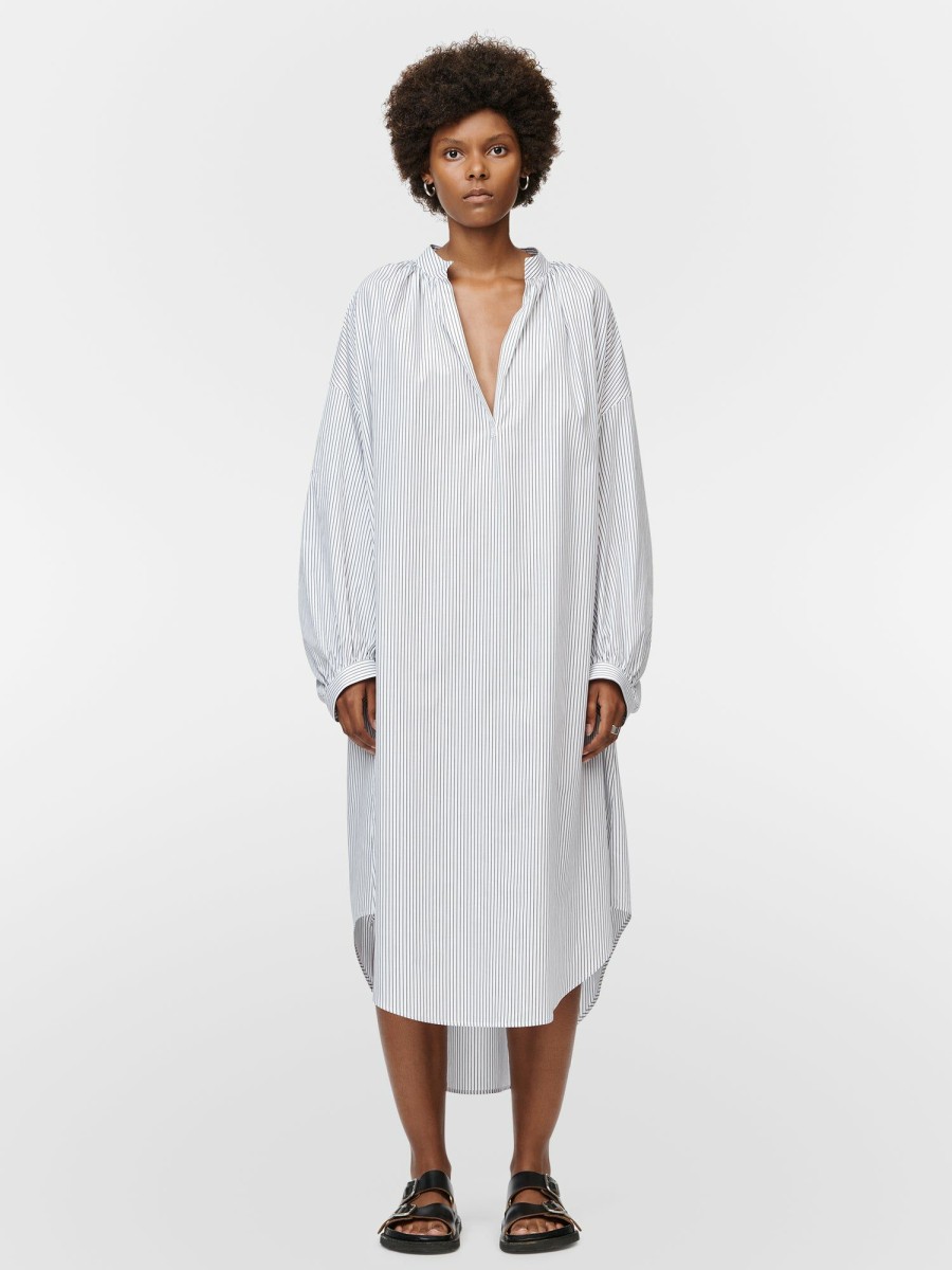 Dresses Maria Mcmanus | Drop Shoulder Boho Dress In White & Charcoal Stripe